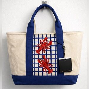 Blue and Cream Lobster Beaded Canvas Tote Bag